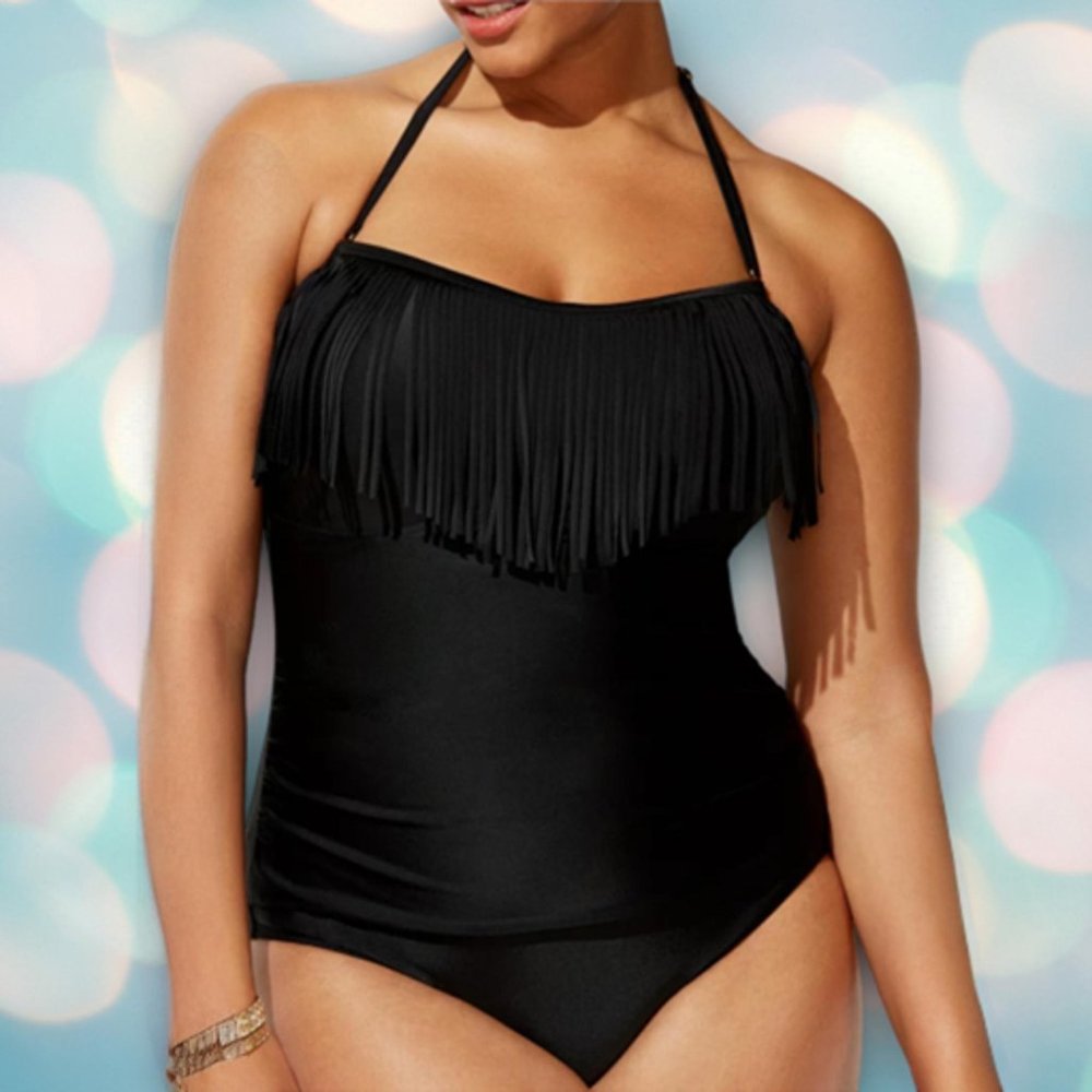 Swimsuits For All Women's Plus Size Black Fringe Bandeau One Piece Size 16